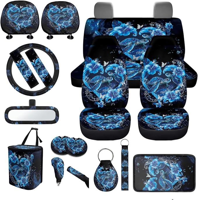 Ocean Turtle Car Seat Covers Full Set of 18 Universal Car Interior Accessories Full Set Blue Sea Turtle Car Headrest Covers Seat Auto Seat Belt Pads Cover Car Trash Can,Easy to Install