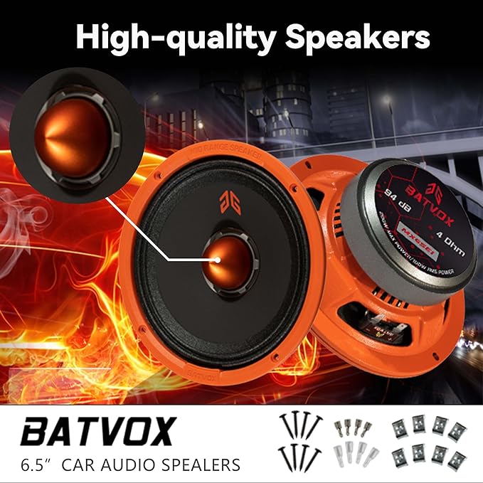 MX65E1 Loudspeaker 6.5 Inch Midrange 400 Watts 6 Ohms Orange Bullet, Premium Quality Audio Door Speakers for Car or Truck Stereo Sound System, Orange (2 Speakers)