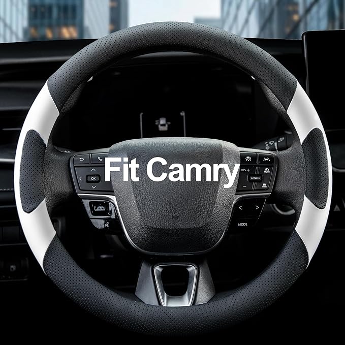 West Llama Customized Auto Car Steering Wheel Cover for Toyota Camry 2006-2026, Microfiber Leather, Anti-Slip, 14.5-15inch, Black + White