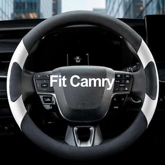 West Llama Customized Auto Car Steering Wheel Cover for Toyota Camry 2006-2026, Microfiber Leather, Anti-Slip, 14.5-15inch, Black + White
