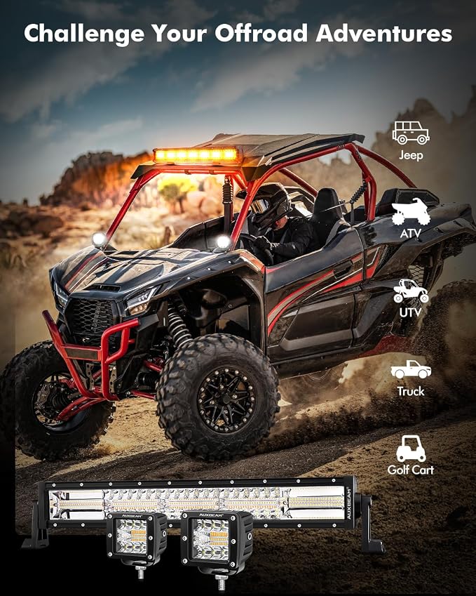 Auxbeam 22-Inch LED Light Bar & 3-Inch Cube LED Pods Combo Set 3-Pack | 6 lighting modes series, Amber white dual-color strobe lights, Spot flood combo beam, Flashing offroad fog lights