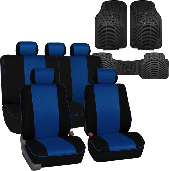 FH Group Automotive Seat Covers Edgy Piping Seat Covers Full Blue Set Interior Accessories,Universal Fit Combo Vinyl Floor Mats Seat Covers Car for Cars and Vans Airbag and Split Rear Automotive