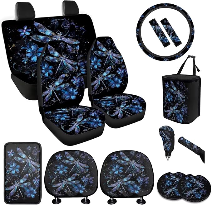 BIGCARJOB 15 Pack Purple Dragonfly Car Seat Cover Full Set Auto Seat Headrest Cover Universal Steering Wheel Cover Car Trash Can Hanging Automotive Interior Sets for Women Gifts