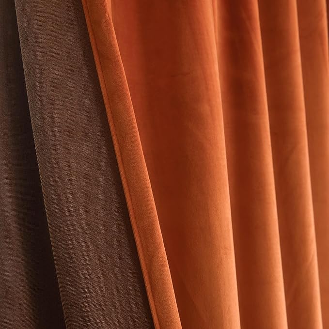 Roslynwood Luxury Soft Russet Orange Velvet Curtains 72 inches Long Back Tab Thermal Insulated Blackout Window Drapes for Living Room/Bedroom/Dining Room, W52 x L72, 2 Panels