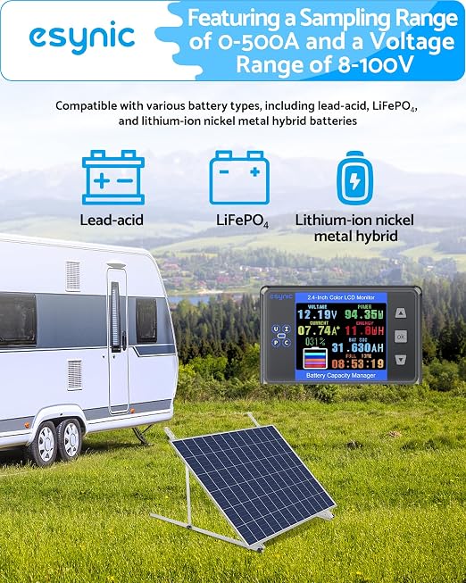 eSynic Professional Battery Monitor with Shunt-Range 10V-120V and up to 500A-2.4" Size Color Backlight LCD Display for Lead Acid/LiFePO4/Lithium-Low Voltage Alarm-Only One Battery Bank-RV/Boat etc