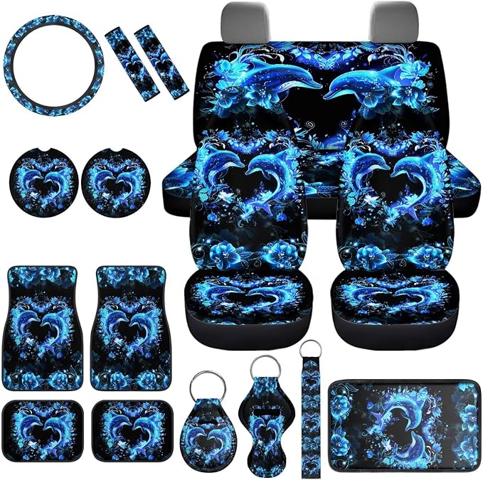Neon Dolphin Car Accessories Full Set of 17 Pack,Blue Dolphin Car Seat Covers Sets with Front and Rear Bench,Steering Wheel Cover,Seat Belt Shoulder Pad,Key Chain Universal Car Floor Mats Set