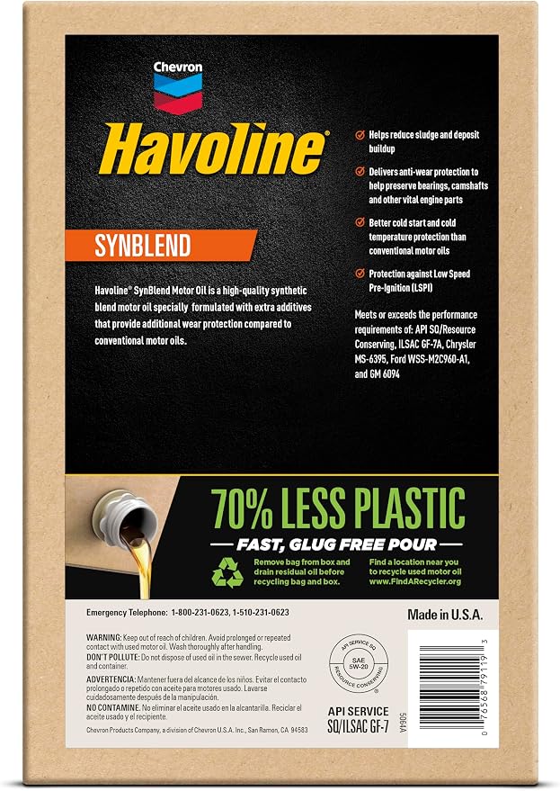Havoline Motor Oil 5w20 Synthetic Blend Smart Change Engine Oil, 5W-20, 6 Quarts, Pack of 2