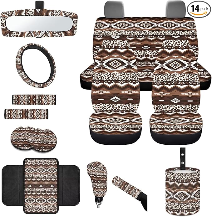 Aztec Tribal Car Seat Covers Full Set of 14 Universal Front and Rear Car Seat Covers with Steering Wheel Cover Center Console Pad Safety Belt Pads for Truck Sedan SUV, Brown