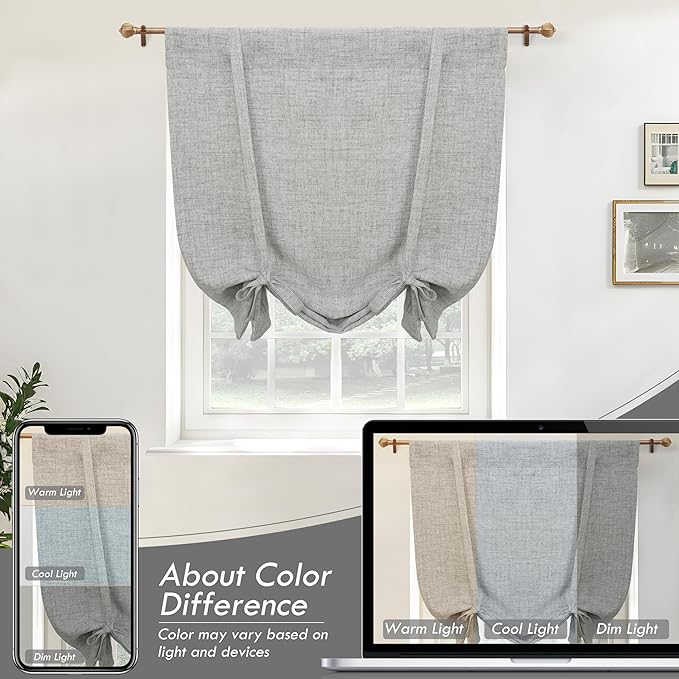 DriftAway Double Layer Linen Blackout Tie Up Curtains Thermal Insulated Fully Lined Balloon Roman Shade Bathroom Window Adjustable Rod Pocket for Small Window 39 Inch by 55 Inch Gray