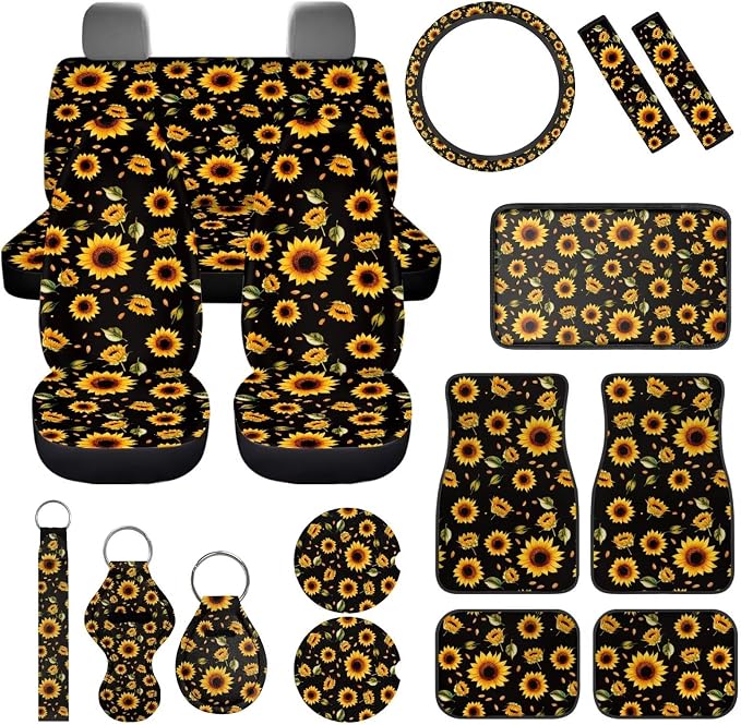 Sunflower Car Seat Covers Full Set of 17 Pcs Hippie Sunflower Car Accessories Set with Front and Split Rear Bench Car Mats Full Set Car Seat Belt Cover Steering Wheel Covers,Universal Fit
