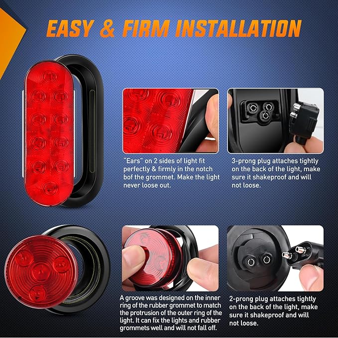 Nilight LED Trailer Light Kit 6 Inch Oval Stop Turn Taillight 2 Inches Round Red Amber Side Marker Lights 9 LED ID Bar for 12V RV Camper Caravan Truck Bus Boat