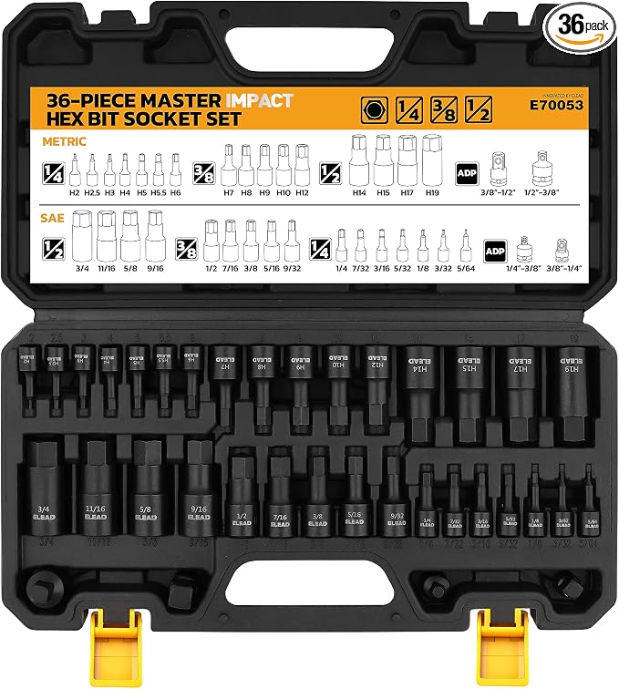 Hex Bit Impact Socket Set: 36-Piece with 4 Adapters, 1/4", 3/8", 1/2"Drive Master Allen Socket Set, Cr-V Steel, SAE and Metric, H5-H19 & 3/4"-5/64", Reinforced Storage Case, Automotive Mechanic