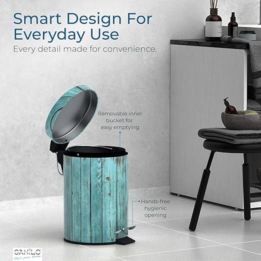 Sanilo Small Bathroom Trash Can with Lid [1.3 Gallon] - Lidded Tiny Trashcan for Garbage - Mini Metal Bin with Soft Closing Mechanism - Bath Room Accessoire Wastebin with Inner Bucket (Lumber)