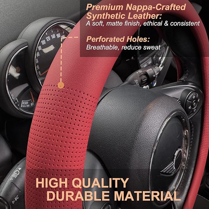 PINCTROT Nappa Leather Steering Wheel Cover, Slim Fit No Bulk Design, One Piece Leather with Breathable Perforation, Fit Like Gloves, Universal 14.5-15 Inch(Nappa Rust Red)
