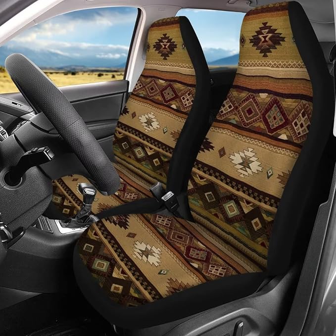 12 Pc Brown Aztec Tribal Car Seat Covers Full Set Ethnic Style Southwestern Boho Car Seat Covers/Steering Wheel Covers/Seat Belt Pads/Key Chain/Coaster/Lipstick Holder Universal Fit