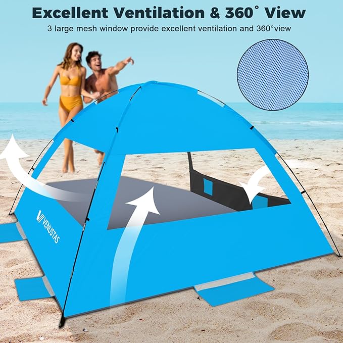 Venustas Beach Tent Sun Shelter for 3/4/6/8 Person, UPF 50+ UV Protection Beach Canopy, Lightweight and Easy Setup Cabana, Portable Shade Tent