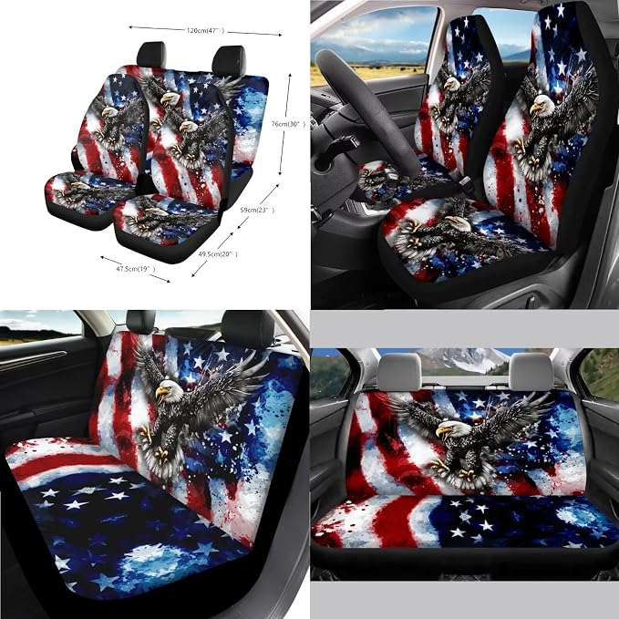 Eagle Print 14Pcs Car Interior Cover Set American Flag Print Car Front Rear Seat Covers Steering Wheel Cover Center Console Pad Safety Belt Pads for Men Women, Easy to Install