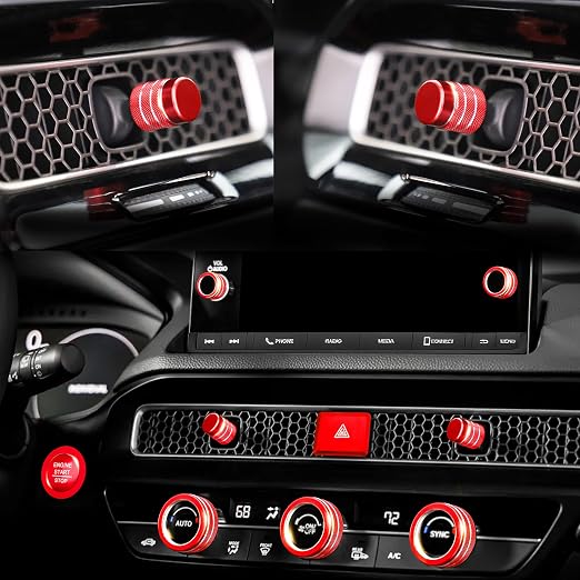 Knob Covers for Honda Civic Accessories 2026 2025 2022-2024 for CRV 2026 2025-2023 for Acura Integra 2025 2024 2023 Hazard Warning Lights, AC, Air Vent, Audio, Push Start Button Cover Ring 12Pcs(Red)