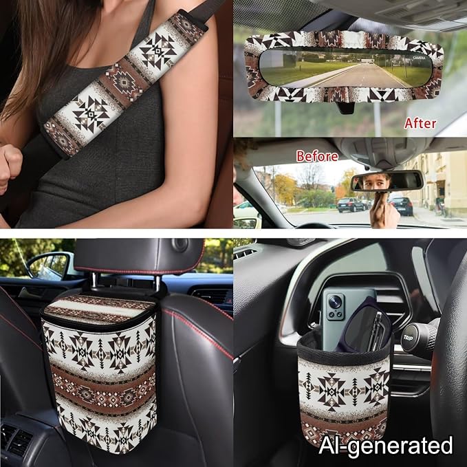 Dreaweet Navajo Car Seat Covers Full Set 15 Pcs Southwestern Native American Geometric Tribal Steering Wheel Cover Seat Belt Pads Coasters Trash Bag Vent Storage Pouch Rearview Mirror Cover Keychain