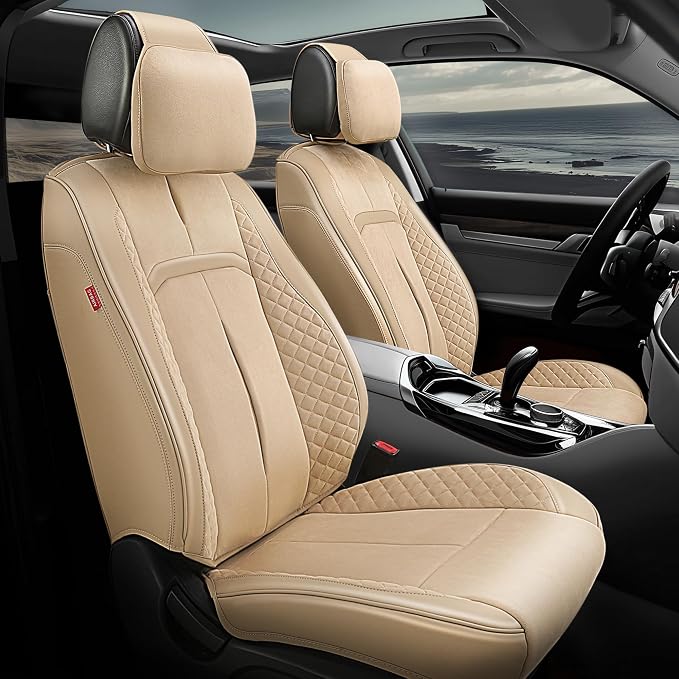 Auto Dynasty Car Seat Covers Front Set, Anti-Slip Automotive Interior Covers with Storage Pocket, Breathable Car Seat Protectors, Airbag Compatible, Universal Fit Most Vehicles, Beige (Voris Series)
