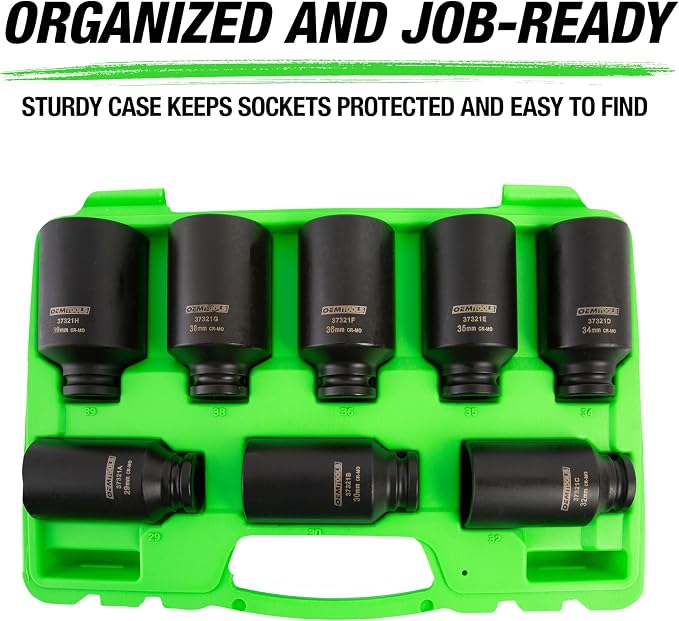 OEMTOOLS 37321 8 Piece 1/2 Inch Drive Axle Nut Socket Set, 12 Point Set, 29mm, 30mm, 32mm, 34mm, 35mm, 36mm, 38mm, and 39mm Socket Set with Case