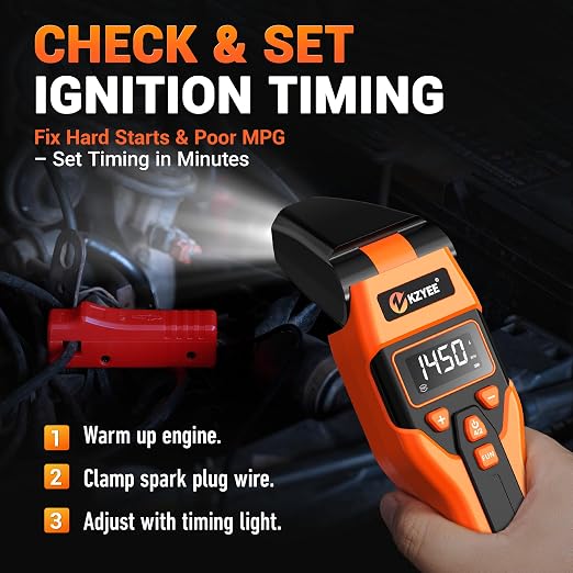 KZYEE KT80 Digital Timing Light with Tachometer (RPM), Advance, Dwell Meter & 0-35V Voltage Test, 60° Adjustable LED Strobe, USB-C Rechargeable & 12V Backup, for Distributor Gas Engines