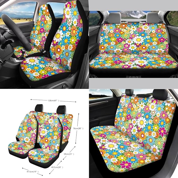 15Pcs Car Seat Cover Full Set Car Steering Wheel Cover Seat Belt Cover Trash Bin Air Vent Storage Box Front Rear View Mirror Car Cup Holder Keychain, Vibrant Hippie Flower