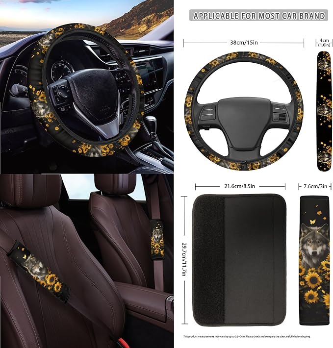 Wolf Sunflower Butterfly Print 15 Pack Car Seat Cover Set with Steering Wheel Covers Seatbelt Strap Pad Garbage Cans Rear View Mirror Cover Coasters Key Chain Universal Fit