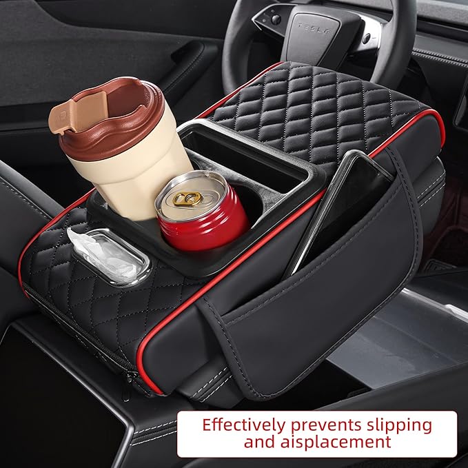 5 in 1 Nappa Leather Console Armrest Cover, Black Red Stitch | Built-in cup holder, tissue slot, phone holder & 2 storage pockets, practical car accessories fit SUV sedan truck