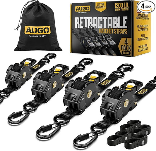 AUGO Retractable Ratchet Straps | 4 Heavy Duty Ratchet Straps Self Retractable Tie Down Straps with Soft Loops & Storage Bag for Motorcycle, Truck, Trailer, Cargo Van | 1200 Lb Break Strength 1” x 10’