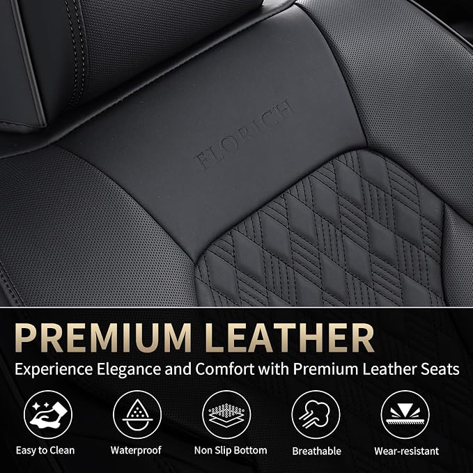 FLORICH Seat Covers, Car Seat Covers Full Set, Luxury Nappa Leather Seat Covers, Breathable and Waterproof Car Seat Protector 5 Seat, Automotive Seat Covers Universal Fit for Most Cars-Black&Beige