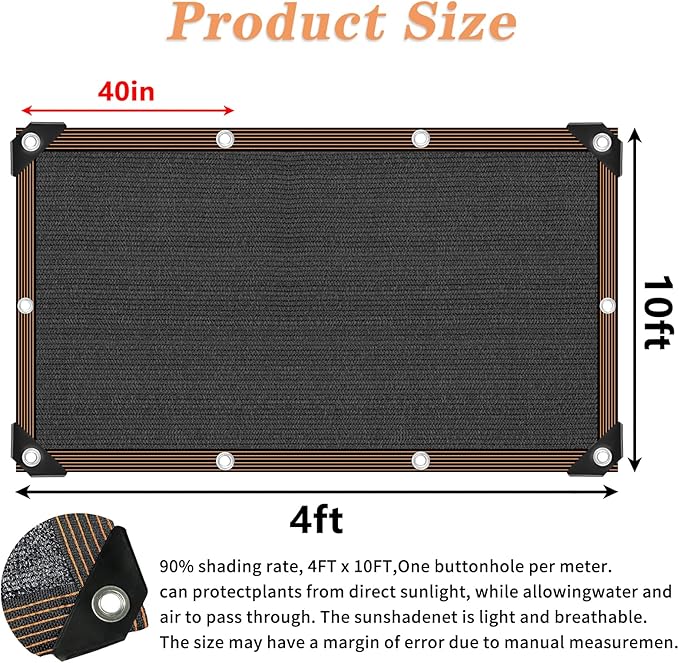 QLOFEI 4x10 FT Shade Cloth with Grommets, 90% Sun Shades Outdoor Patio Mesh Tarp, Easier to Hang Sunblock Neting Cover -for Garden Greenhouse Pergola Lawn Kennel Chicken Coop