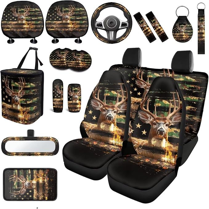 American Flag Deer Car Seat Covers Full Set 18 Pieces Animal Deer Car Interior Accessories Set with Seat Belt Pads Cover Car Trash Can Cars Headrest Covers Rear View Mirror Cover