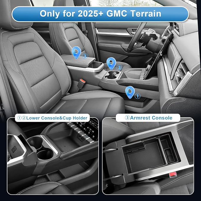 (3Pack) Coleya 2025-2027 Terrain Center Console Organizer&Cup Holder&Lower Console Organizer, for GMC Terrain (Elevation/Denali/AT4) Durable Anti-Slip Console Tray Insert 2027 2026 Terrain Accessories