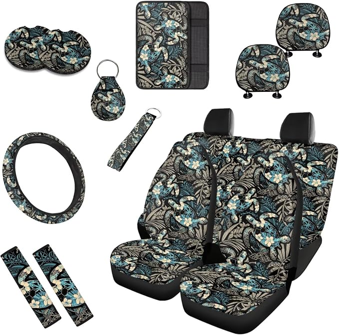 Sea Turtle Retro Print 13 PCS Car Seat Covers Full Set Hawaii Hibiscus Floral Turtles Car Front Back Seat Cover Steering Wheel Cover Fit Auto SUV Trucks
