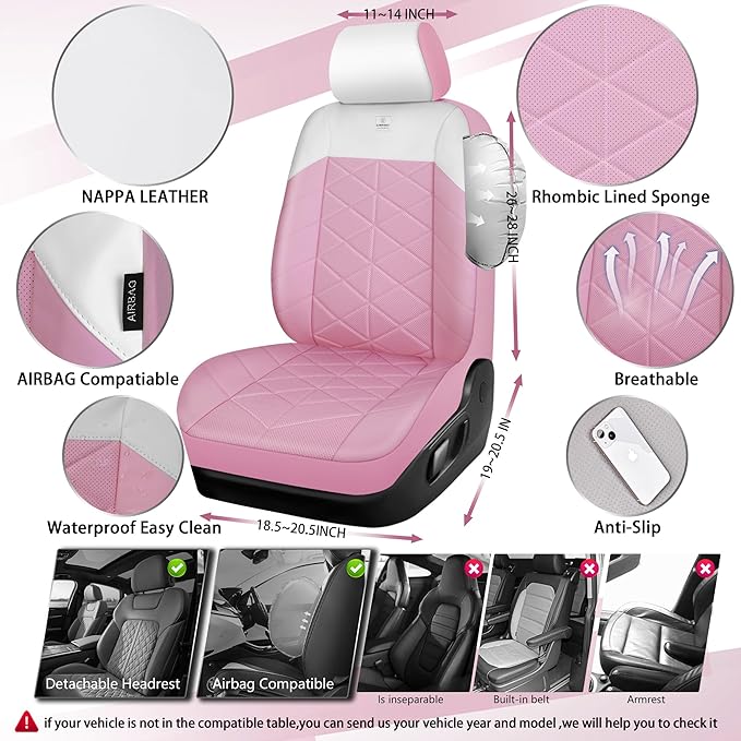 CAR PASS Nappa Leather Seat Covers for Car, Waterproof Seat Covers Full Set, Luxury 3D Rhombus Lined Sponge Airbag Compatible Universal Fit for Automotive SUV Truck Pickup Sedan, Pink White