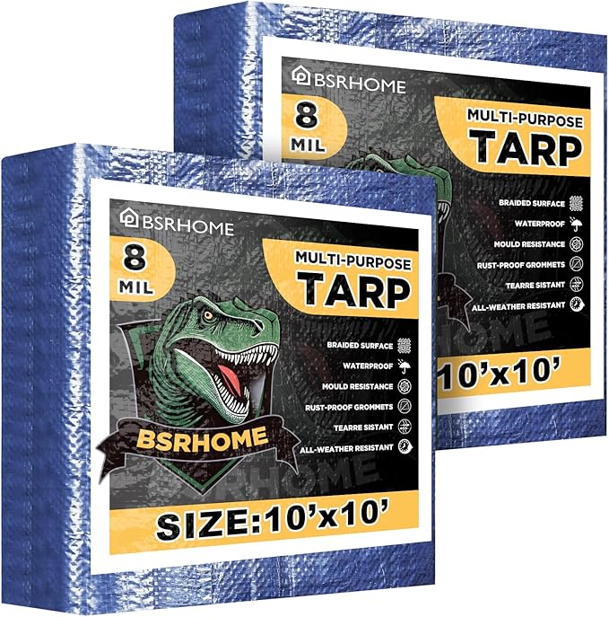 Tarps Waterproof 10x10 Feet, 2 Pack Heavy Duty Blue Tarp Cover 8 Mil Thick, Resistant Plastic Tarpaulin with Metal Grommets, Outdoor Tent Cover for Emergency Rain