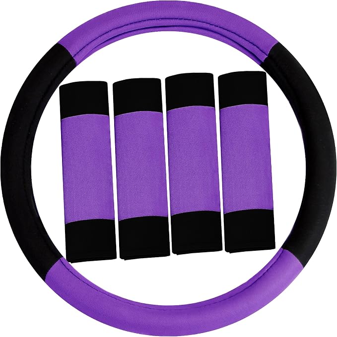 FH Group Automotive Seat Covers Unique Flat Cloth Purple Full Set, Combo Steering Wheel Cover and Seat Belt Pads Rear Solid Bench Universal Fit for Vans Cars Trucks and SUV Interior Accessories