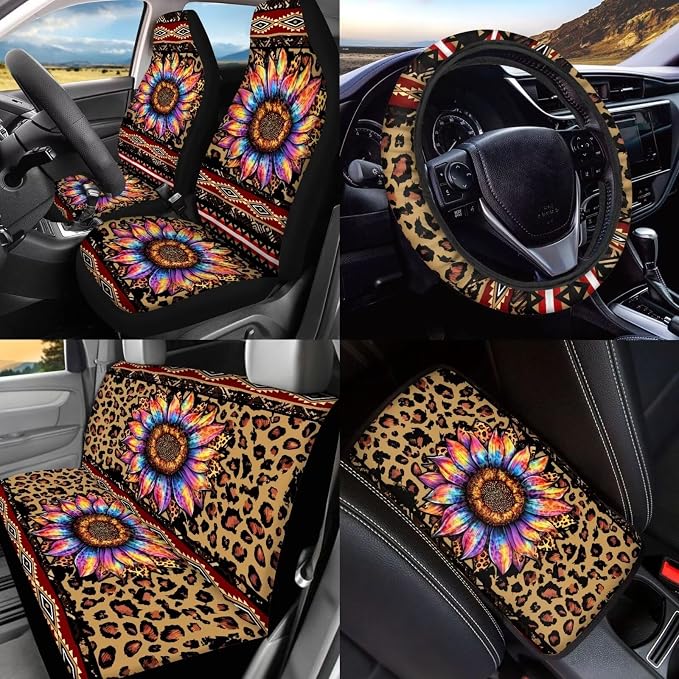 BIGCARJOB Leopard Sunflower Print Car Seat Cover Full Set 15 Pieces Car Interior Accessories Set with Steering Wheel Cover Car Trash Can Hanging Seat Headrest Covers