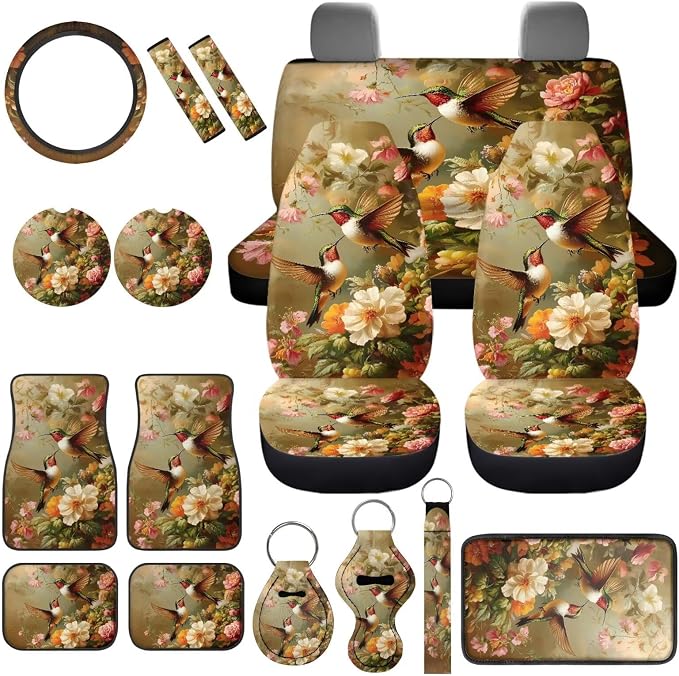 Hummingbird Flower Car Seat Covers Full Set of 17 Pcs,Hummingbird Car Accessories with Steering Wheel Covers Seat Belt Shoulder Pad Keychains Vehicle Interior Seat Mat Cover for Women Gifts