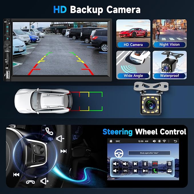 Upgraded Double Din Car Stereo with Wireless Carplay Android Auto, 7 Inch IPS Touch Screen Radio with Bluetooth 5.0, Mirror Link,FM, SWC, Dual USB Port+Type-C Charging +HD Backup Camera