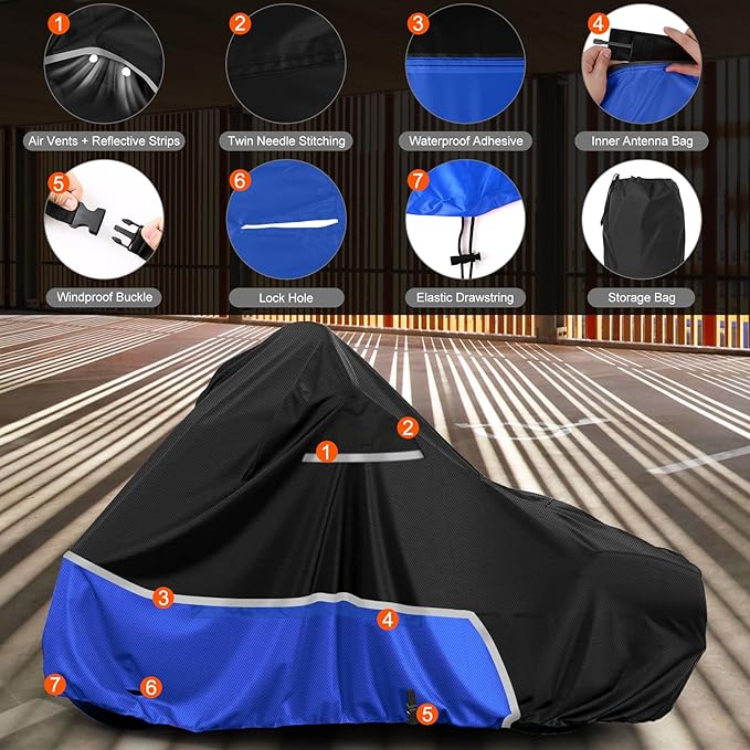 Waterproof Motorcycle Cover Compatible with Harley Davidson Electra Glide/Road King/Street Glide/CVO Road Touring Without Trunk Models, 420D Oxford Cloth Cover for Snow Rain Dust Protection
