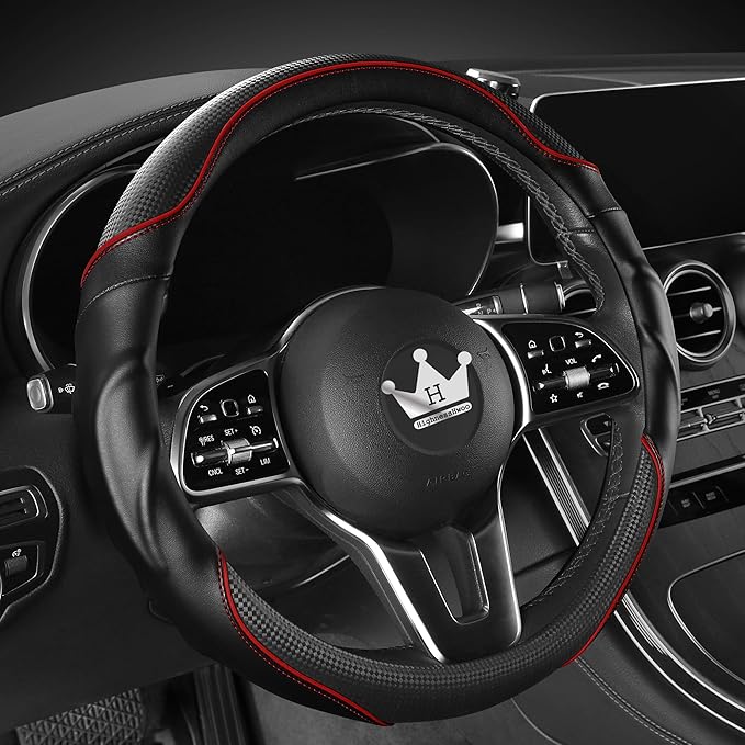 HighnessHwoo 3D Car Steering Wheel Cover Comfort Grip Massage Sporty Anti-Slip Carbon Fiber Faux Leather for Sedan SUV, Universal Fit, Car Handle Covers for All Seasons, 14.75-15.15in, Red