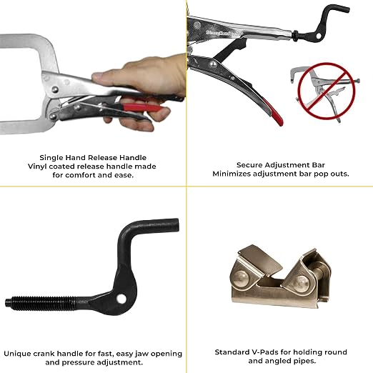 Expand-O Pliers, 10", Reverse-Action Clamping Pliers, Clamping Pressure: 900 LBS (410 kg) & STRONG - PG114V Strong hand Tools PG114V Pipe Pliers with Large V-Pads, 11-Inch