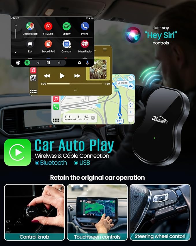 Wireless Carplay Adapter for Apple iPhone iOS 10+ & Cars from 2016+,Plug & Play, Auto-Connect Stable Control & No Latency Mini Size with Extension Cable USB/Type-C (M7)