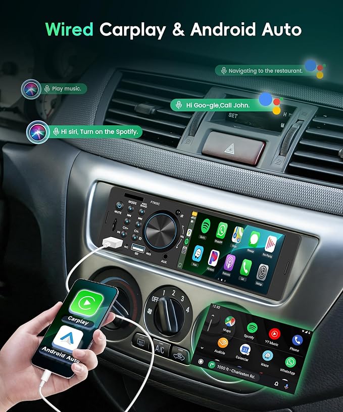 Car Stereo Single Din with Apple CarPlay, Android Auto, Sellrich 4-Inch IPS Touch Screen, Bluetooth 5.1, FM/RDS Radio,Head Unit with Mirror Link EQ USB/TF Card/Aux Ports Backup Camera