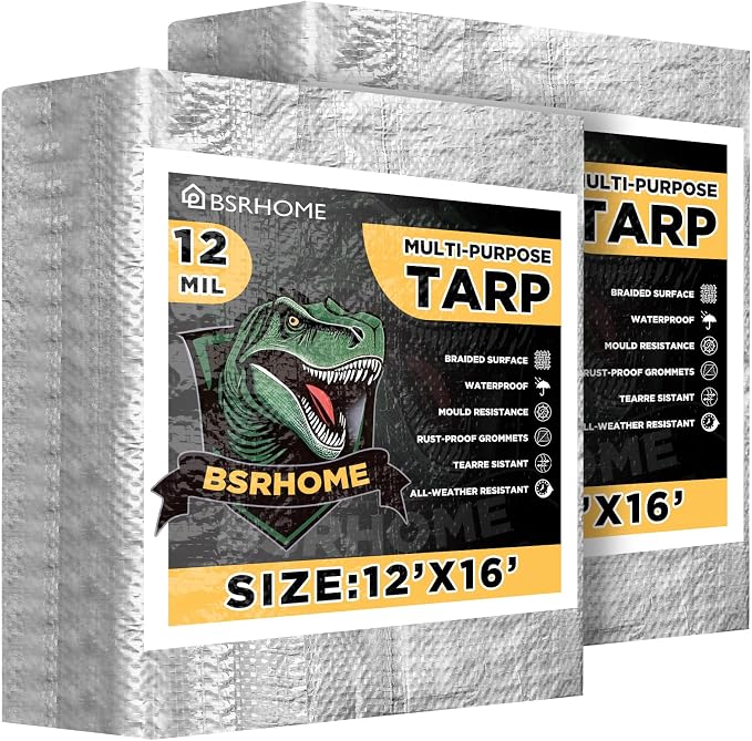 Tarps Waterproof 12x16 Feet, 2 Pack Heavy Duty Silver Tarp Cover 12 Mil Thick, Resistant Plastic Tarpaulin with Metal Grommets, Outdoor Tarp Cover for Car,Trailer