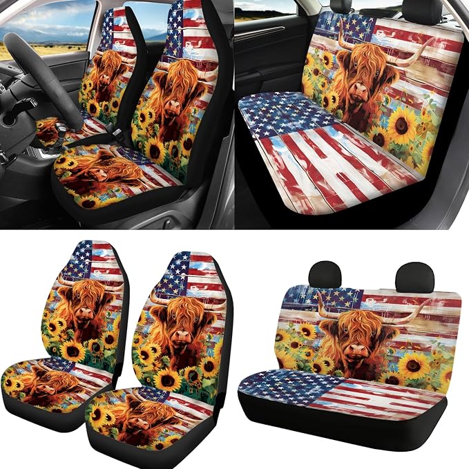 Highland Cow Auto Seat Covers Full Set with Steering Wheel Cover Shoulder Pads, American Flag Bucket Car Seat Covers Car Accessories Universal Fit for Most Cars
