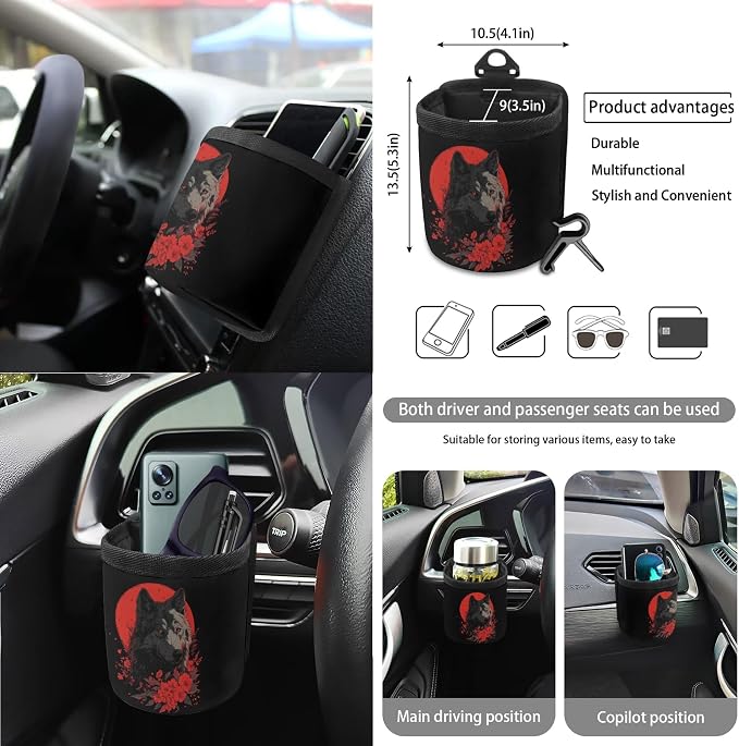 Moon Wolf Floral Print Car Accessories Full Set of 15 Car Seat Covers Steering Wheel Covers Seat Belt Strap Cover Trash Bag Air Vent Storage Holder Rear View Mirror Cover Keychain Coasters