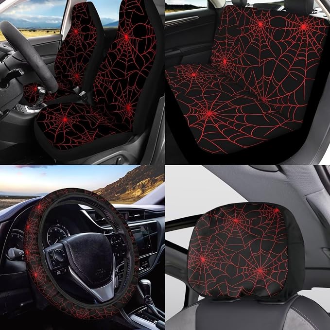 KEIAHUAN Red Spider Web Car Seat Cover Set 11 Pieces Full Set with Car Shift Gear Stick Hand Brake Cover Steering Wheel Cover Headrest Cover Coaster Pad Halloween Decoration